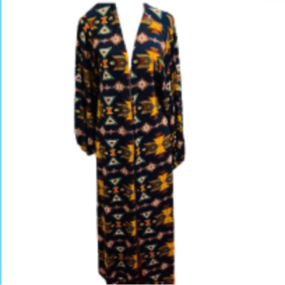 NWT Glitzy Girlz Sunsets in Winslow Navy & Mustard Open Front Duster/Kimono